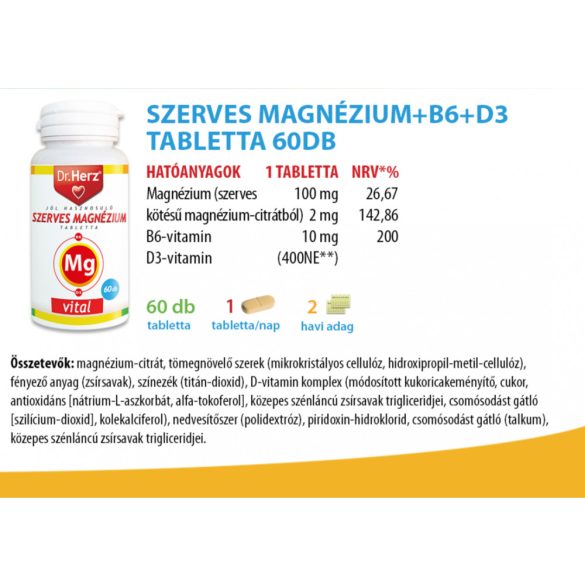 Dr. Herz Szerves Magnézium + B6 + D3 tabletta (60 db)