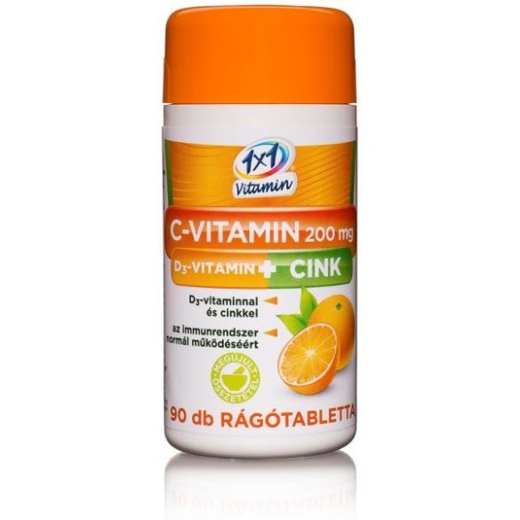 1x1 Vitaday C-vitamin 200 mg + D3 + cink narancs ízű rágótabletta  (90 db)