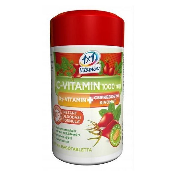 1x1 Vitaday C-vitamin 1000 mg + D3 +csipkebogyó kivonat narancs ízű rágótabletta  (60 db)