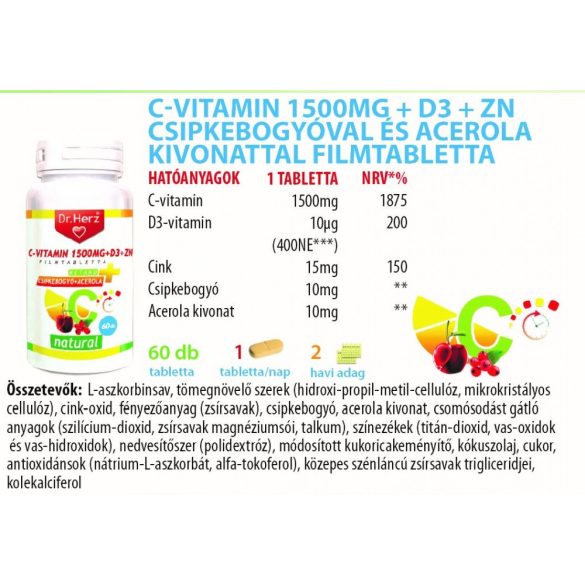 Dr. Herz C-vitamin 1500 mg+D3+Zn csipkebogyóval és acerola kivonattal tabletta (60 db)